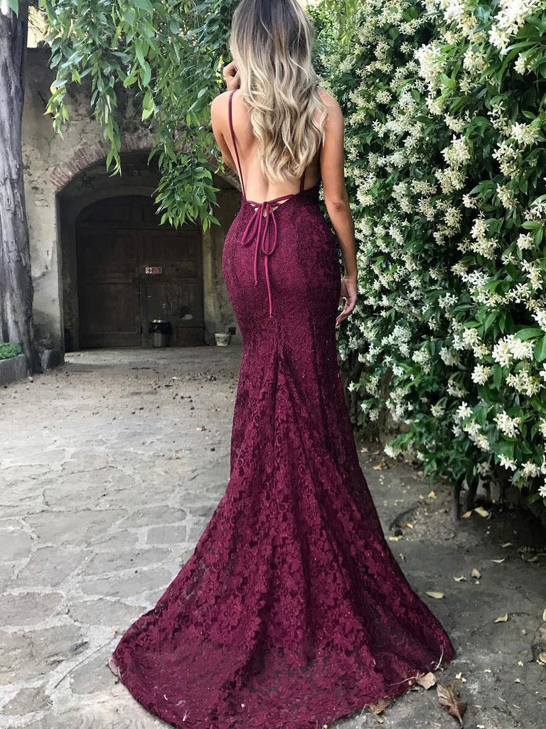 Luolandi Sexy Trumpet/Mermaid V-Neck Sweep Train Lace Long Prom Dresses Elegant Evening Dress